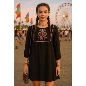 Old Navy NWT Minidress Women's 18 (XXL) Black Embroidered Boho Hippie Festival